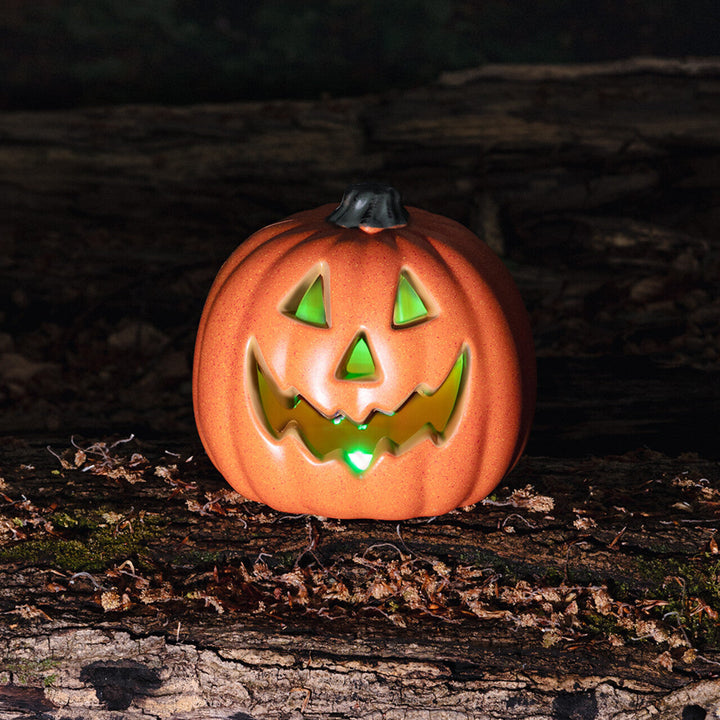 Halloween LED Kürbis | Beleuchteter Deko-Kürbis mit grün leuchtendem Gesicht für Tisch-, Fenster- und Partydekoration