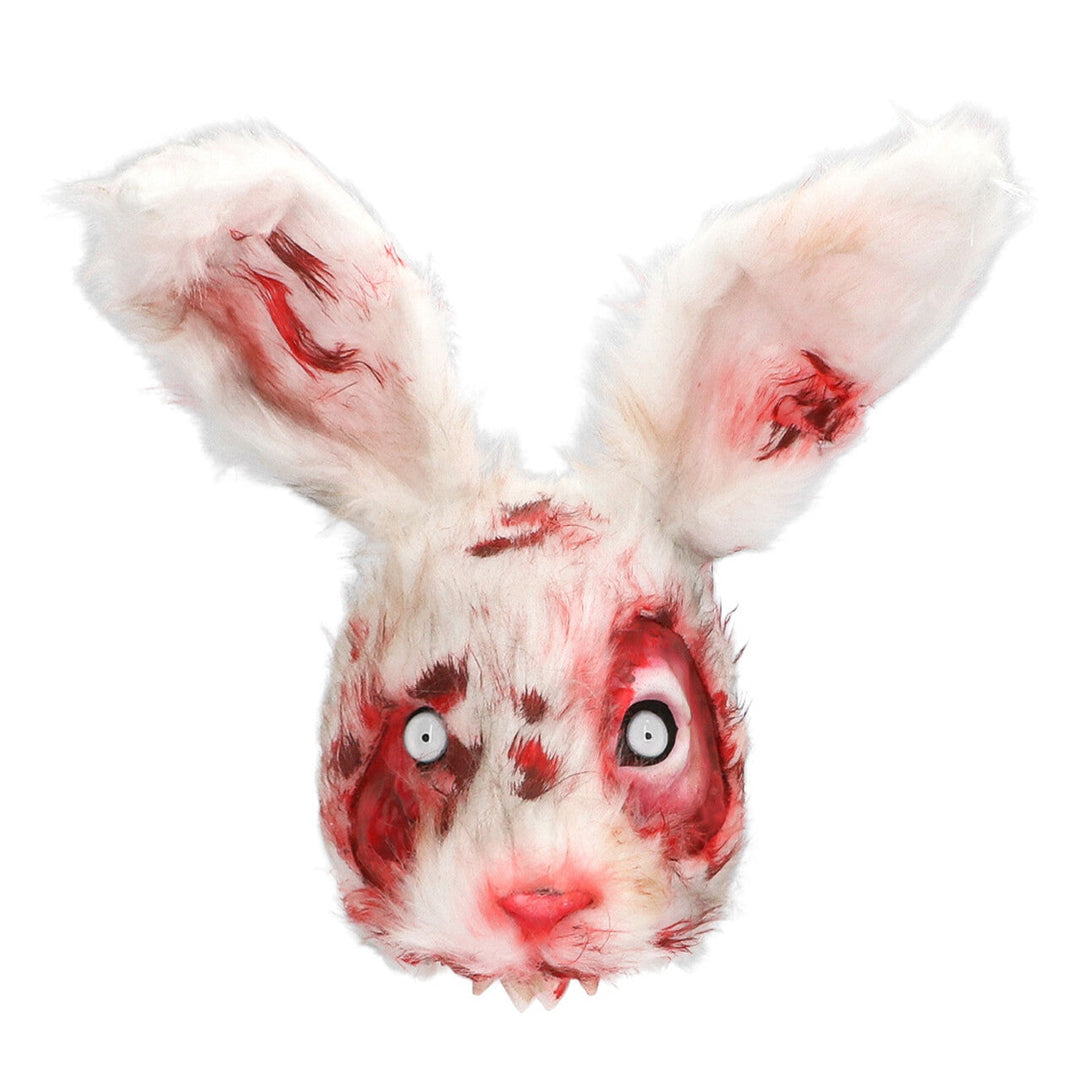 Halloween Hasenmaske Weiß Rot | Blutige Horror Kaninchen Maske mit Kunstfell und langen Ohren für Kostüm- und Mottopartys