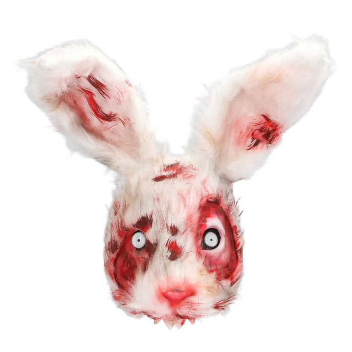 Halloween Hasenmaske Weiß Rot | Blutige Horror Kaninchen Maske mit Kunstfell und langen Ohren für Kostüm- und Mottopartys