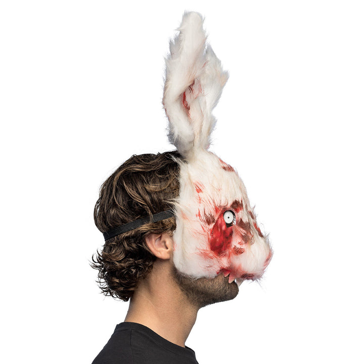 Halloween Hasenmaske Weiß Rot | Blutige Horror Kaninchen Maske mit Kunstfell und langen Ohren für Kostüm- und Mottopartys