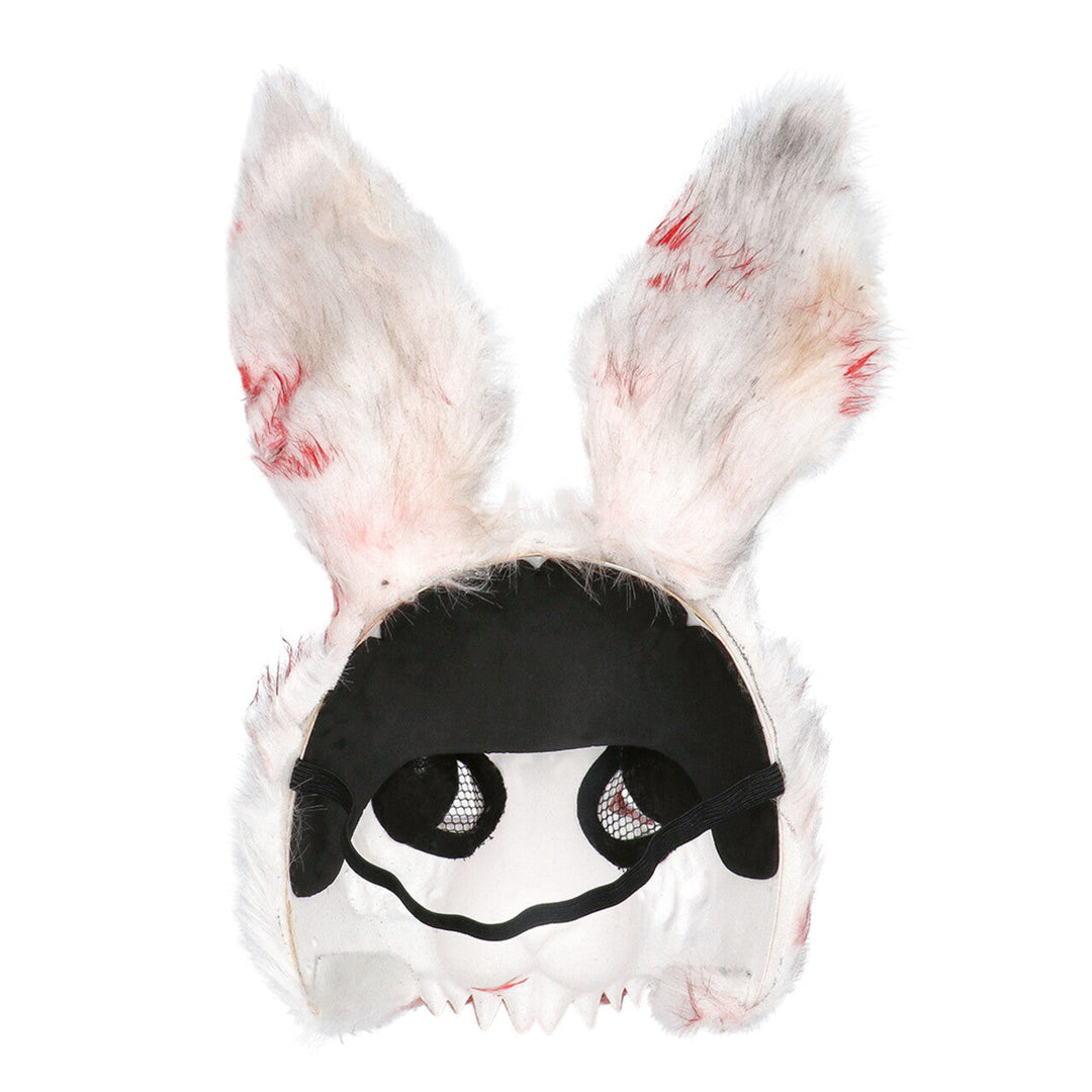 Halloween Hasenmaske Weiß Rot | Blutige Horror Kaninchen Maske mit Kunstfell und langen Ohren für Kostüm- und Mottopartys