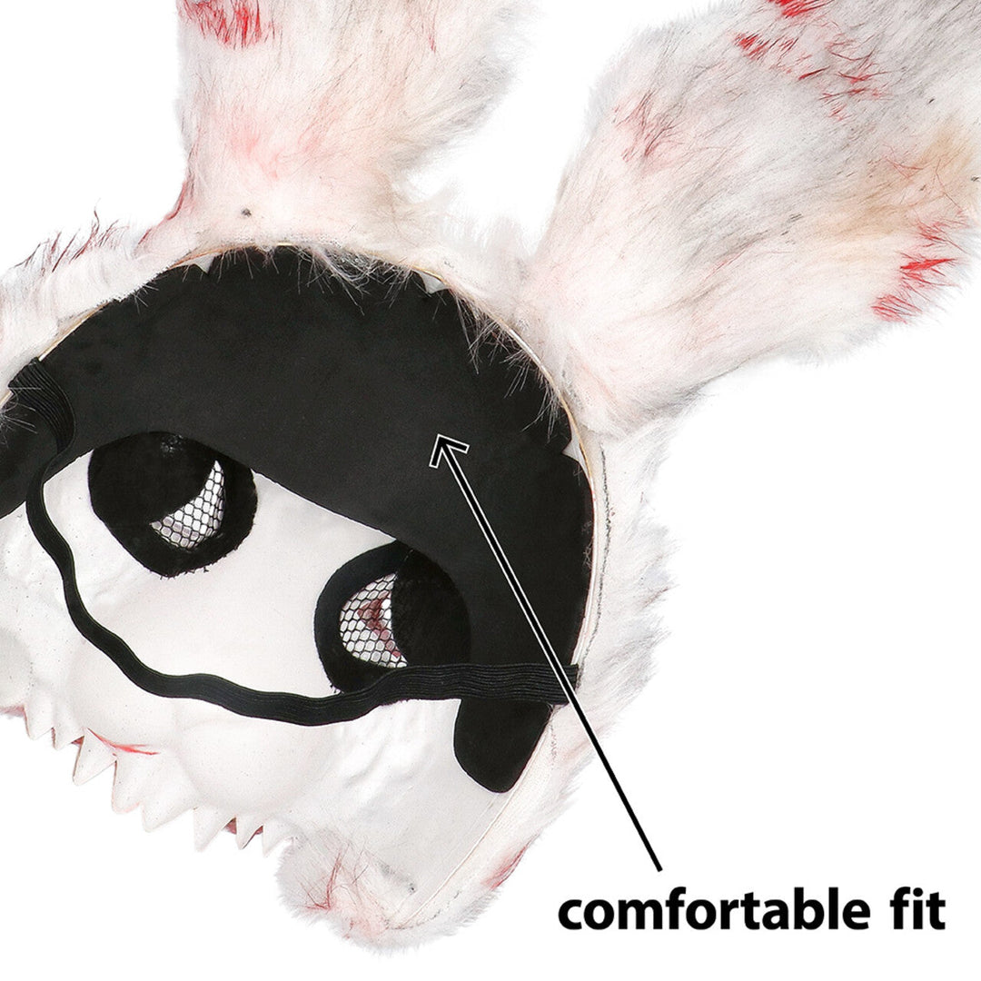 Halloween Hasenmaske Weiß Rot | Blutige Horror Kaninchen Maske mit Kunstfell und langen Ohren für Kostüm- und Mottopartys