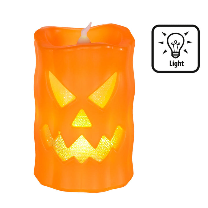 Halloween LED Kerze Kürbis | Orange Leuchtkerze mit gruseligem Kürbisgesicht für Tisch-, Fenster- und Partydekoration