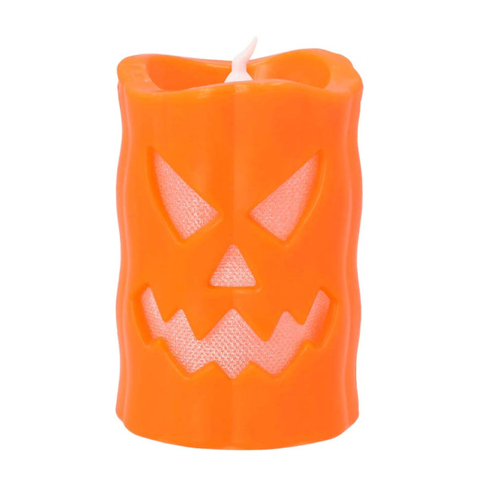 Halloween LED Kerze Kürbis | Orange Leuchtkerze mit gruseligem Kürbisgesicht für Tisch-, Fenster- und Partydekoration