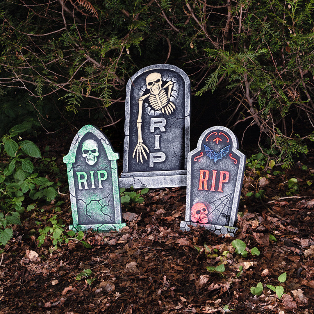 Halloween Grabstein Deko | Grauer RIP-Grabstein mit Skelett und Totenkopf für Friedhofs-, Garten- und Halloween-Dekoration