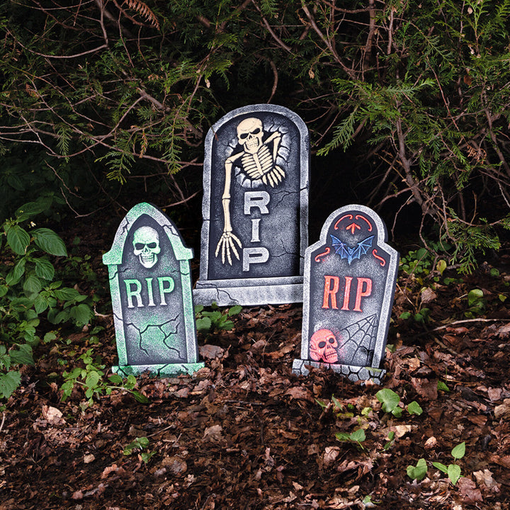 Halloween Grabstein Deko | Grauer RIP-Grabstein mit Skelett und Totenkopf für Friedhofs-, Garten- und Halloween-Dekoration