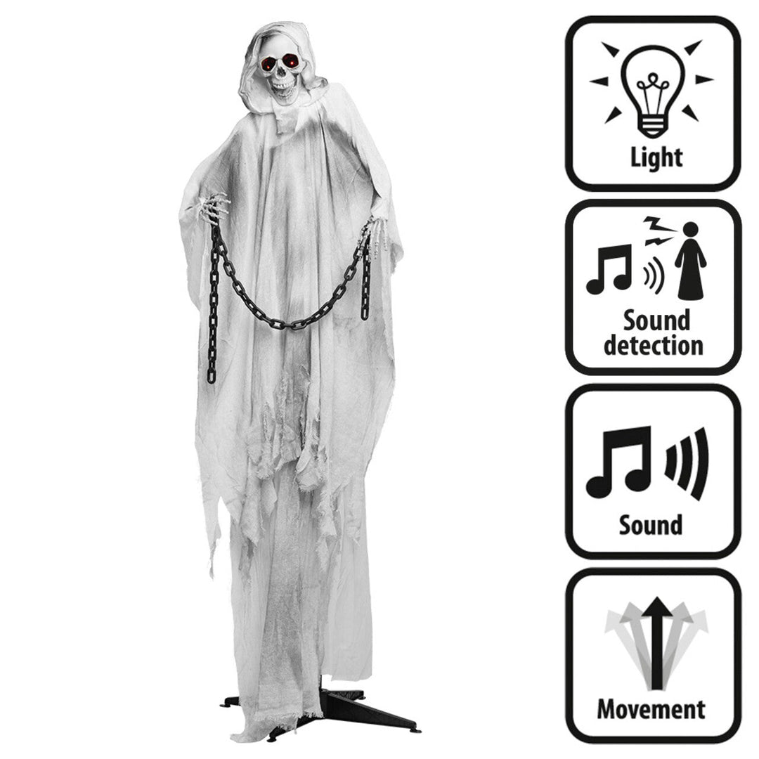 Halloween Geist Deko stehend | Angekettete Gruselfigur mit Licht, Sound, Bewegung und Geräuscherkennung für Halloween