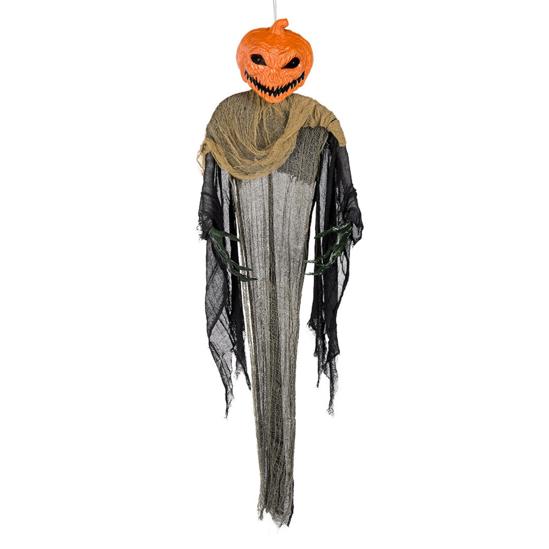 Halloween Kürbis Hängedeko | Gruselige Kürbisfigur mit leuchtenden Augen und langen Stofffetzen für Halloween-Partys