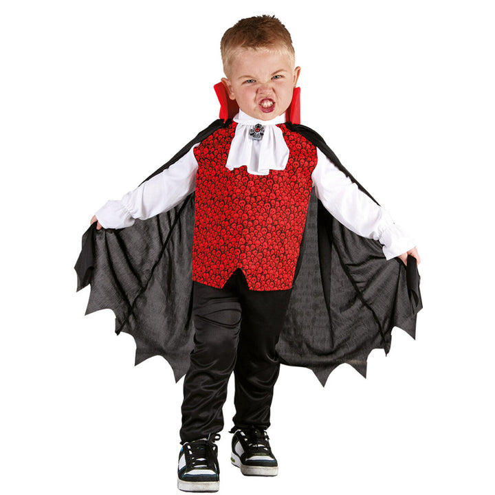 Jungen Vampir Kostüm Schwarz Rot | Halloween Graf Kostüm mit Fledermauskragen, Cape, Rüschenjabot und Totenkopf-Detail