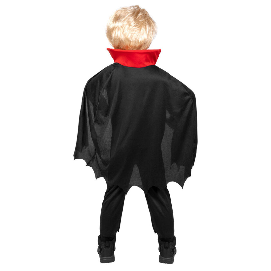 Jungen Vampir Kostüm Schwarz Rot | Halloween Graf Kostüm mit Fledermauskragen, Cape, Rüschenjabot und Totenkopf-Detail