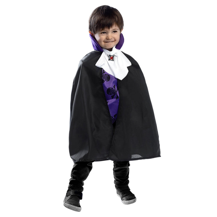 Kinder Vampir Kostüm Schwarz Lila | 2-teiliges Halloween Kostüm mit Cape, hohem Kragen und Shirt mit Totenkopf-Detail