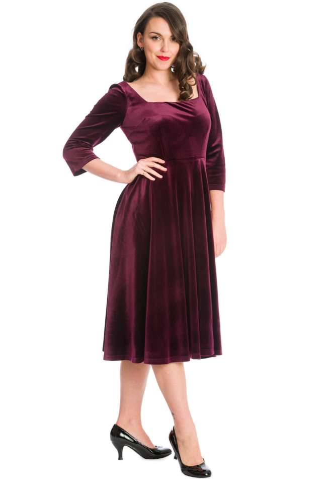 Damen Samtkleid | Elegantes Swingkleid mit weitem Rock, breitem Ausschnitt und Dreiviertelärmeln für Hochzeiten und festliche Anlässe