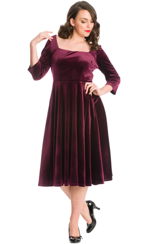 Damen Samtkleid | Elegantes Kleid mit weitem Rock, breitem Ausschnitt und Dreiviertelärmeln für Hochzeiten und festliche Anlässe