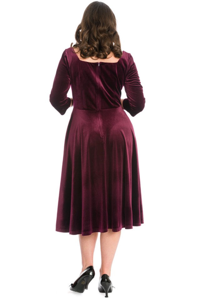 Damen Samtkleid | Elegantes Kleid mit weitem Rock, breitem Ausschnitt und Dreiviertelärmeln für Hochzeiten und festliche Anlässe