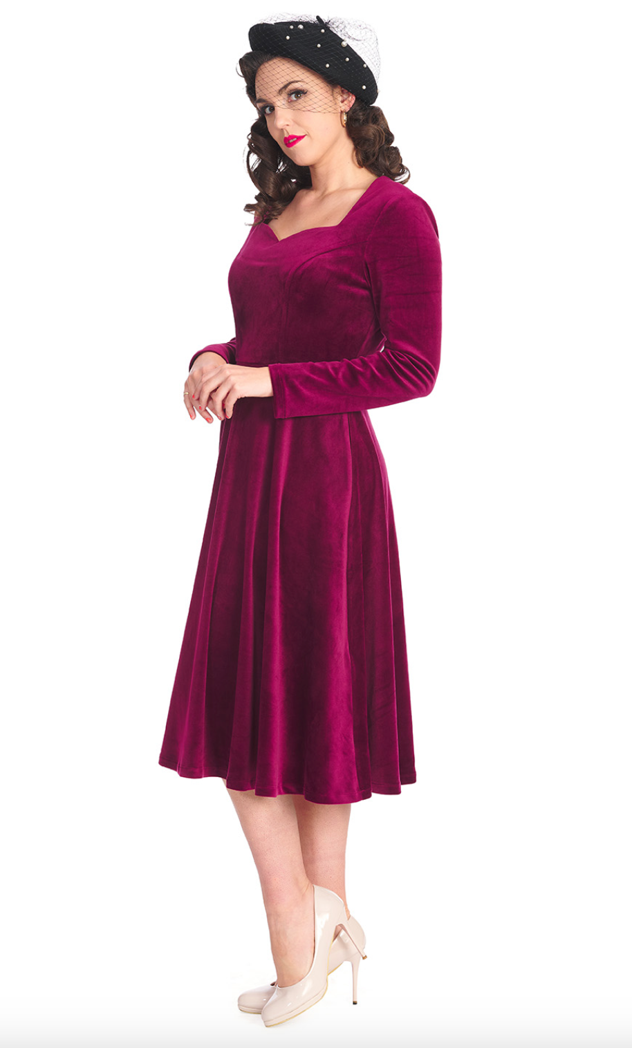 Damen Samtkleid in großen Größen | Elegantes Swingkleid mit herzförmigem Ausschnitt, Dreiviertelärmeln und elastischer Passform