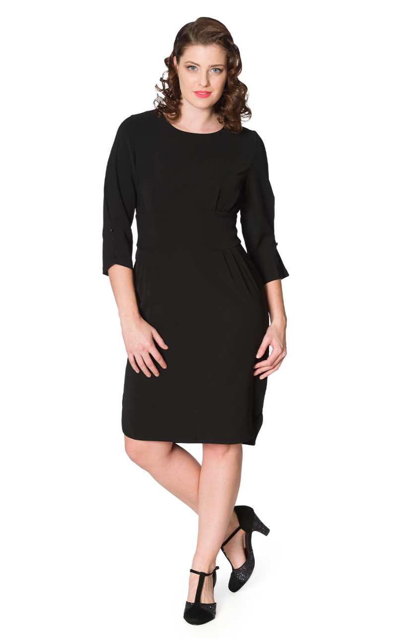 Damen Etuikleid | Klassisches knielanges Kleid mit Rundhalsausschnitt, raffinierten Faltendetails und Dreiviertelärmeln für Büro und Alltag