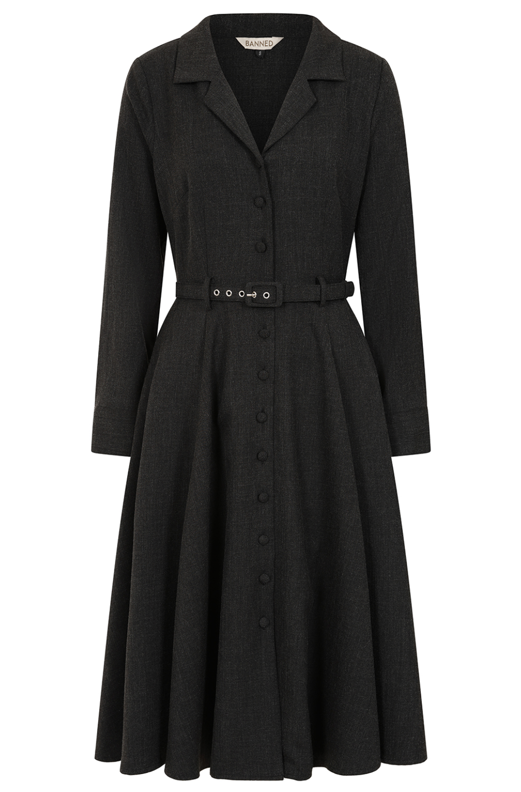 Damen Swingkleid | Vintage-Kleid im Stil der 40er-Jahre mit Knopfleiste, Taillengürtel, langen Ärmeln und praktischen Taschen