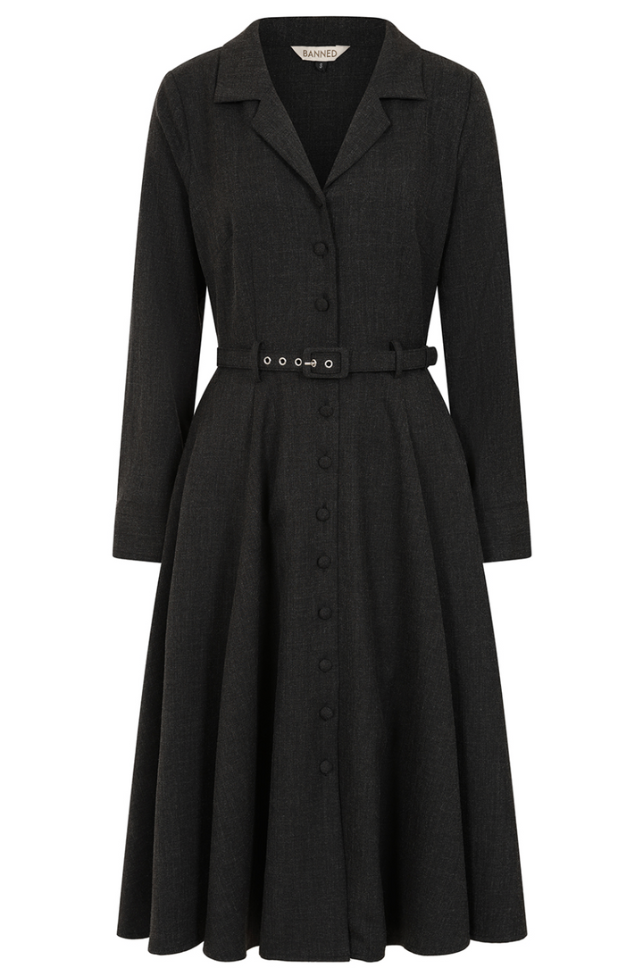 Damen Swingkleid | Vintage-Kleid im Stil der 40er-Jahre mit Knopfleiste, Taillengürtel, langen Ärmeln und praktischen Taschen
