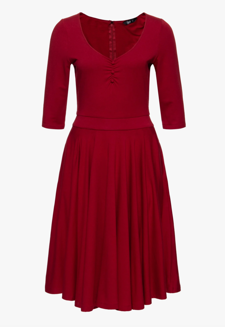 Damen Swingkleid | Figurbetontes Retro-Kleid mit Raffungen am Ausschnitt, Zierknöpfen, breitem Taillenbund und schwingendem Rock