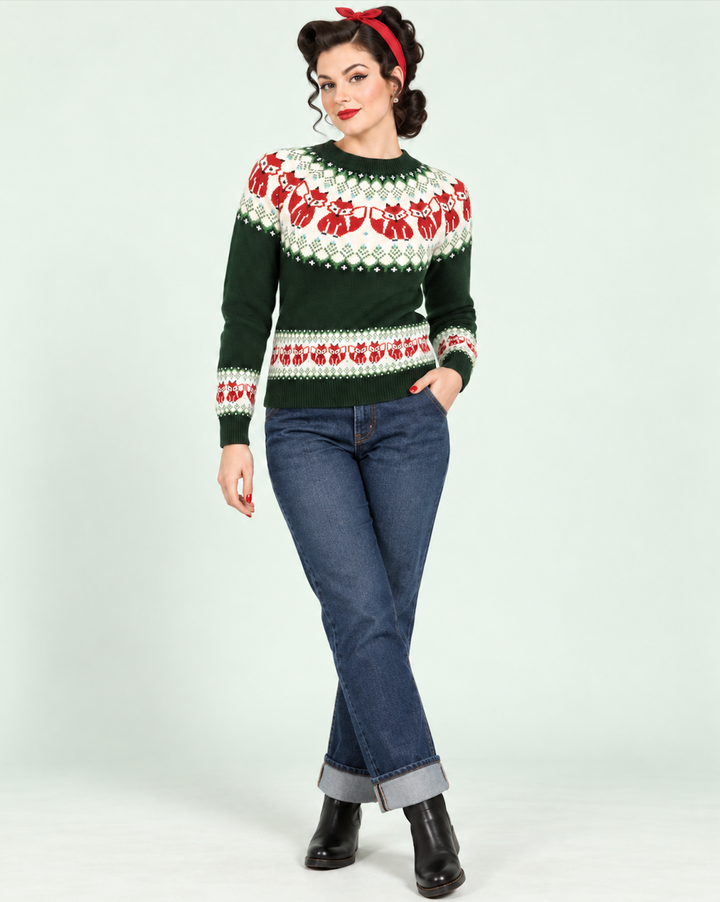Damen Strickpullover | Warmer Fair-Isle-Pullover mit Fuchsmuster, Rundhalsausschnitt und gerippten Bündchen für Herbst und Winter
