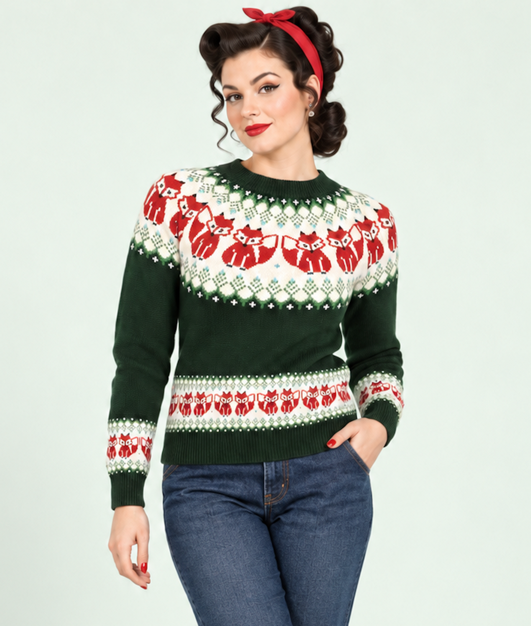 Damen Strickpullover | Warmer Fair-Isle-Pullover mit Fuchsmuster, Rundhalsausschnitt und gerippten Bündchen für Herbst und Winter