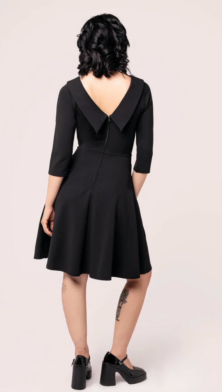 Damen Swingkleid | Elegantes Retro-Kleid mit tiefem Rückenausschnitt, Rundhals, Dreiviertelärmeln und schwingendem Rock