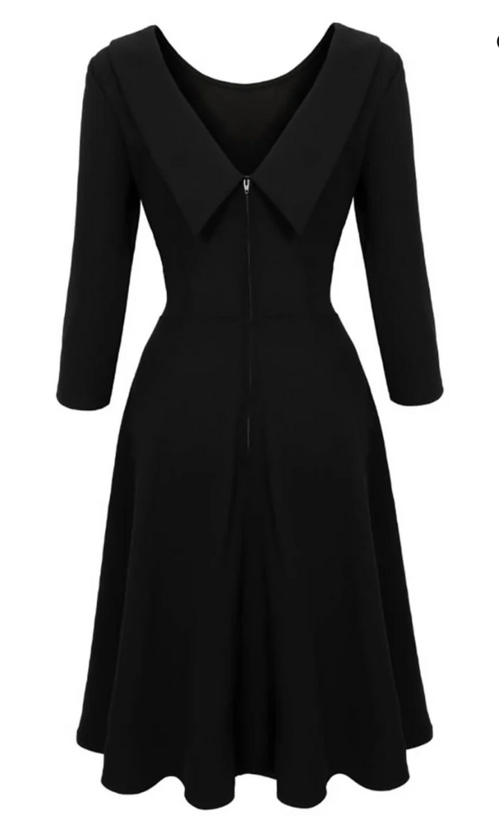 Damen Swingkleid | Elegantes Retro-Kleid mit tiefem Rückenausschnitt, Rundhals, Dreiviertelärmeln und schwingendem Rock