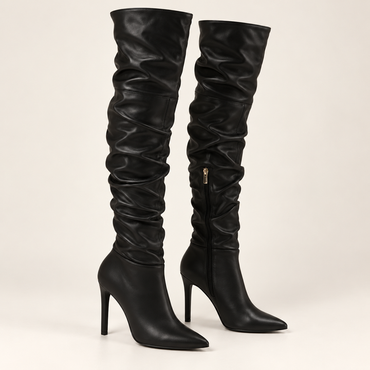 Damen Overknee Stiefel | Hohe Stiefel mit spitzer Schuhspitze, hohem Absatz und seitlichem Reißverschluss für elegante Outfits