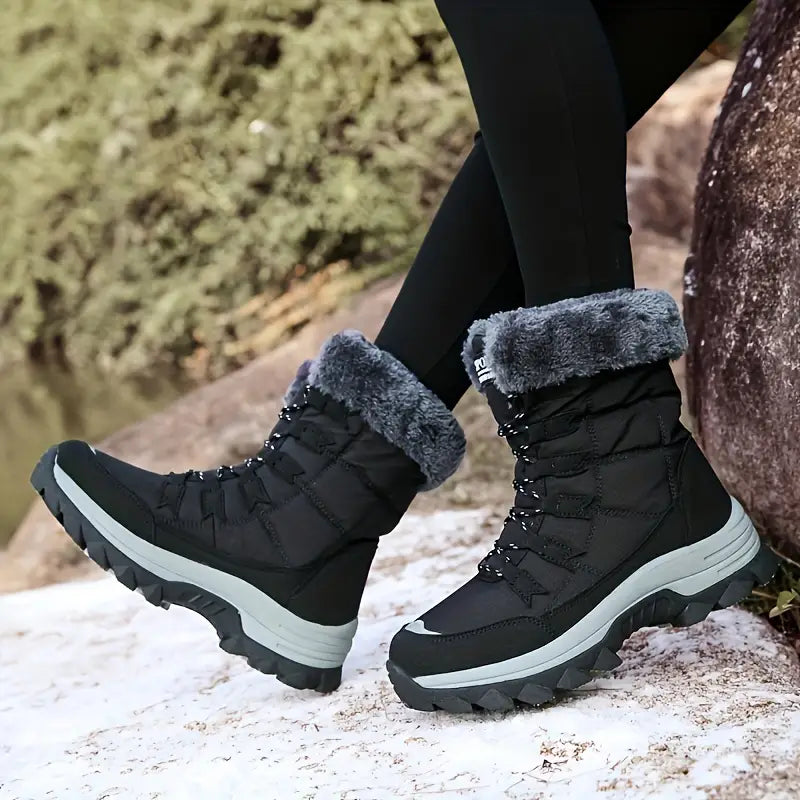 Damen Winterstiefel mit Kunstfell | Warme Schneestiefel mit rutschfester Sohle und Schnürung für Schnee und kalte Tage