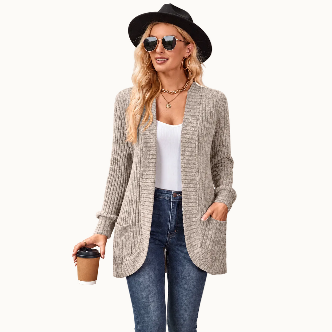 Damen Cardigan | Lange Strickjacke mit offener Front, Rippenstruktur, aufgesetzten Taschen und lockerem Schnitt für Alltag und Büro