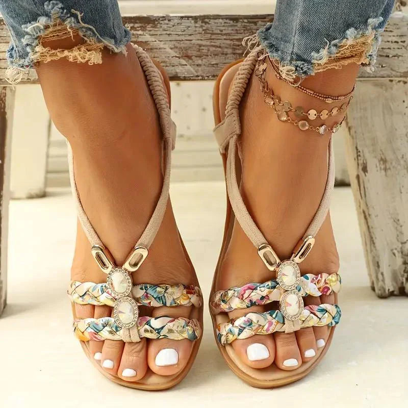 Damen Boho Sandalen mit Perlen | Bequeme Slip-On Sommerschuhe | Leichte Sohle &amp; Luftiges Design | Größen 36–43