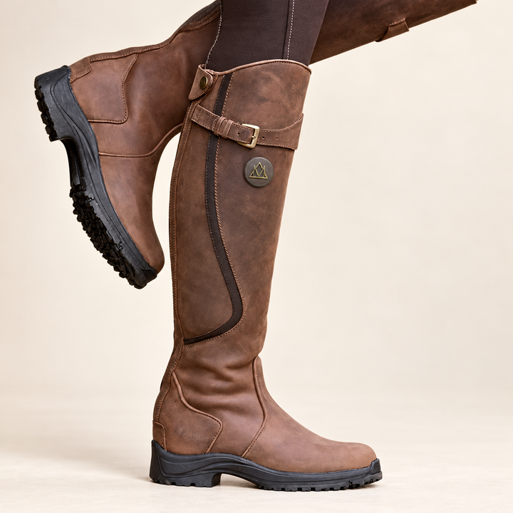 Damen Winterstiefel | Kniehohe Stiefel im Reitstil mit dekorativer Schnalle und seitlichem Reißverschluss für Alltag und Freizeit