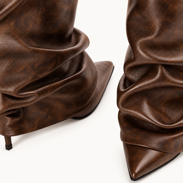 Damen Stiefel mit Absatz | Kniehohe Faltenstiefel mit spitzer Schuhspitze und hohem Absatz | Elegante Schlupfstiefel