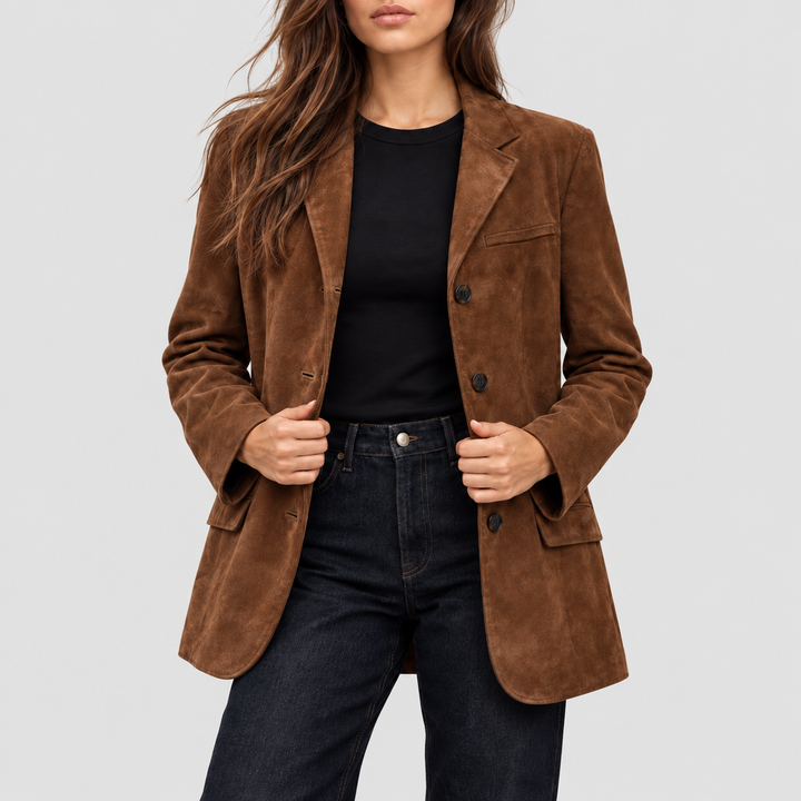 Damen Wildlederjacke mit Reverskragen | Langarm Jacke mit Seitentaschen und klassischem Schnitt für Alltag und Freizeit