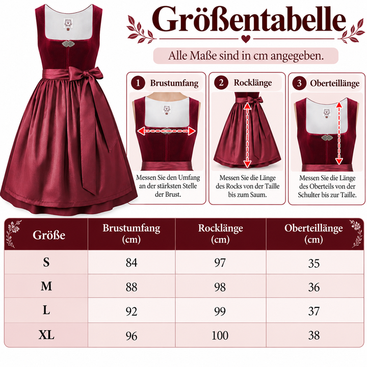 Dirndl Midi Damen | Samtdirndl mit 60 cm Rocklänge und Dirndlschürze für Oktoberfest und Volksfest