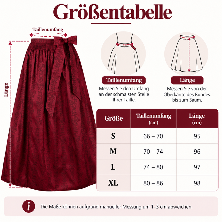 Dirndlschürze 96 cm | Bordeauxfarbene Trachtenschürze mit eingewebtem Muster für lange Dirndl und festliche Anlässe