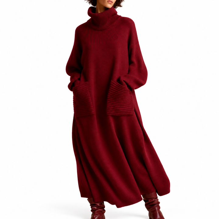 Damen Strickkleid | Langes Oversize-Kleid mit Rollkragen, weichem Strickgewebe und praktischen Taschen für Herbst und Winter