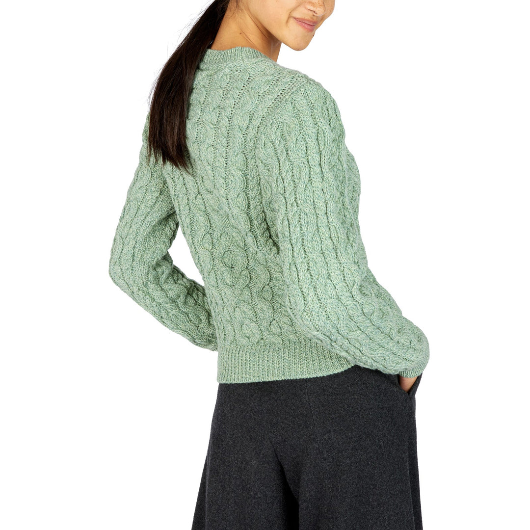 Damen Pullover | Schurwollpullover mit Zopfmuster, Rundhalsausschnitt und melierter Optik