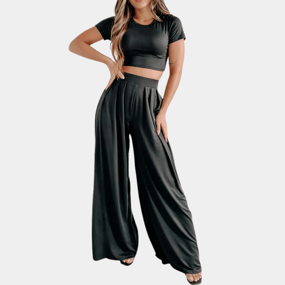 Damen Zweiteiler Set mit High-Waist weiter Hose | Luftiges Sommer-Top, atmungsaktiv &amp; leicht | Elegant für Urlaub, Brunch &amp; Abend