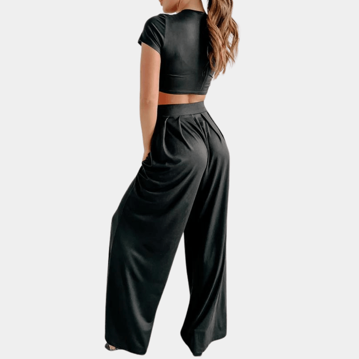 Damen Zweiteiler Set mit High-Waist weiter Hose | Luftiges Sommer-Top, atmungsaktiv &amp; leicht | Elegant für Urlaub, Brunch &amp; Abend