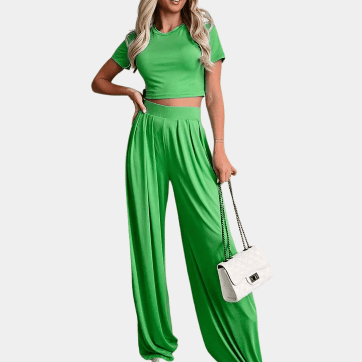 Damen Zweiteiler Set mit High-Waist weiter Hose | Luftiges Sommer-Top, atmungsaktiv &amp; leicht | Elegant für Urlaub, Brunch &amp; Abend