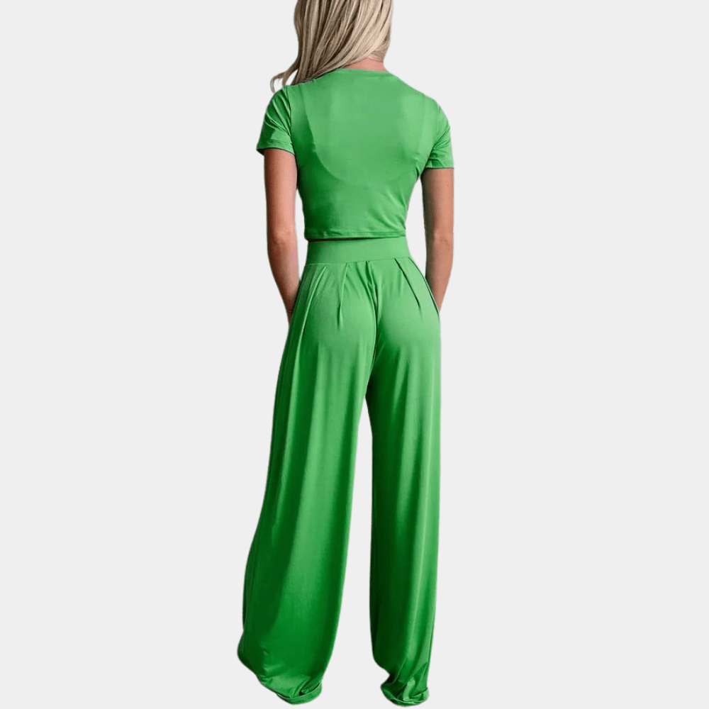 Damen Zweiteiler Set mit High-Waist weiter Hose | Luftiges Sommer-Top, atmungsaktiv &amp; leicht | Elegant für Urlaub, Brunch &amp; Abend