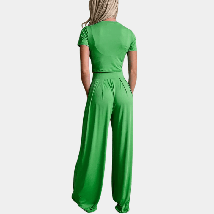 Damen Zweiteiler Set mit High-Waist weiter Hose | Luftiges Sommer-Top, atmungsaktiv &amp; leicht | Elegant für Urlaub, Brunch &amp; Abend