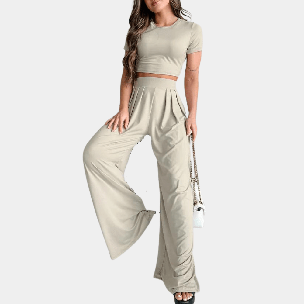 Damen Zweiteiler Set mit High-Waist weiter Hose | Luftiges Sommer-Top, atmungsaktiv &amp; leicht | Elegant für Urlaub, Brunch &amp; Abend