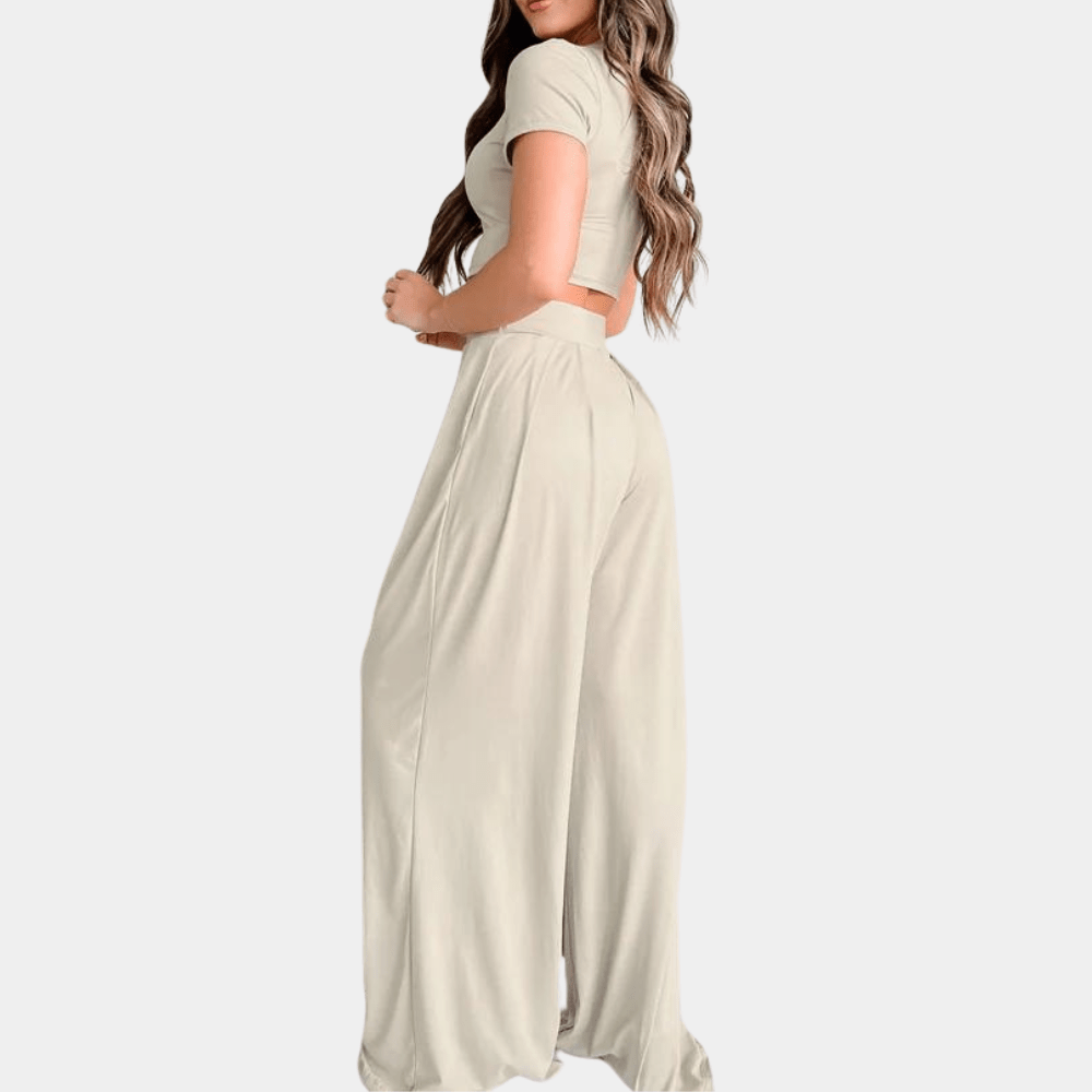 Damen Zweiteiler Set mit High-Waist weiter Hose | Luftiges Sommer-Top, atmungsaktiv &amp; leicht | Elegant für Urlaub, Brunch &amp; Abend