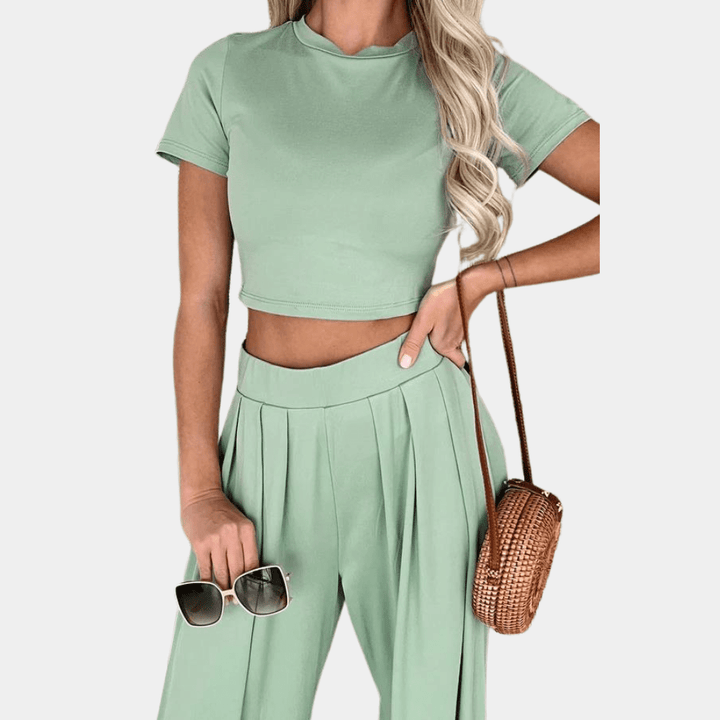 Damen Zweiteiler Set mit High-Waist weiter Hose | Luftiges Sommer-Top, atmungsaktiv &amp; leicht | Elegant für Urlaub, Brunch &amp; Abend