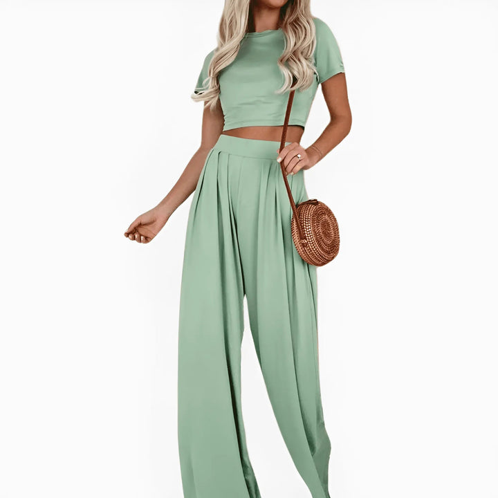 Damen Zweiteiler Set mit High-Waist weiter Hose | Luftiges Sommer-Top, atmungsaktiv &amp; leicht | Elegant für Urlaub, Brunch &amp; Abend