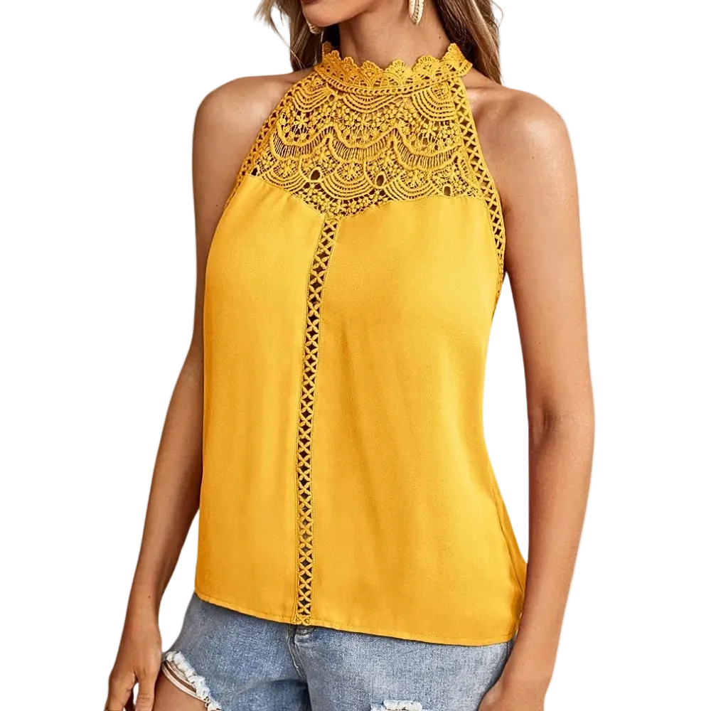 Damen Neckholder Spitzentop mit Häkelspitze | Ärmelloses Sommertop mit floralen Details, freien Schultern und fließender Passform