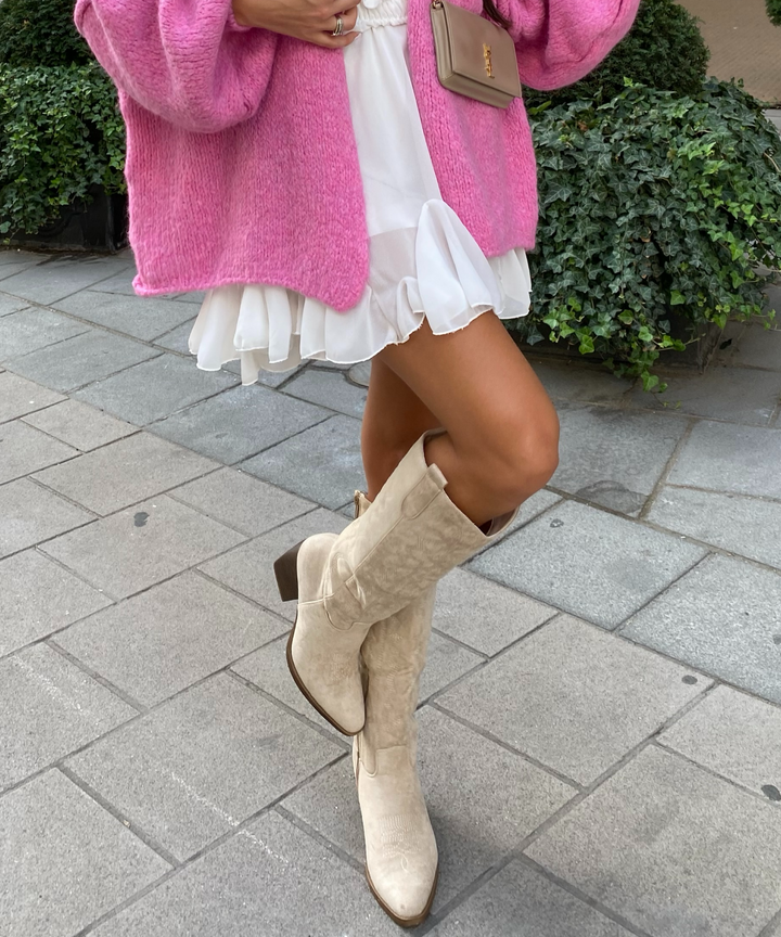 Cowboystiefel Damen | Hohe Cowboy Boots aus Veloursleder-Look | 47 cm Schaft &amp; 6,5 cm Absatz | Für Alltag &amp; Festivals