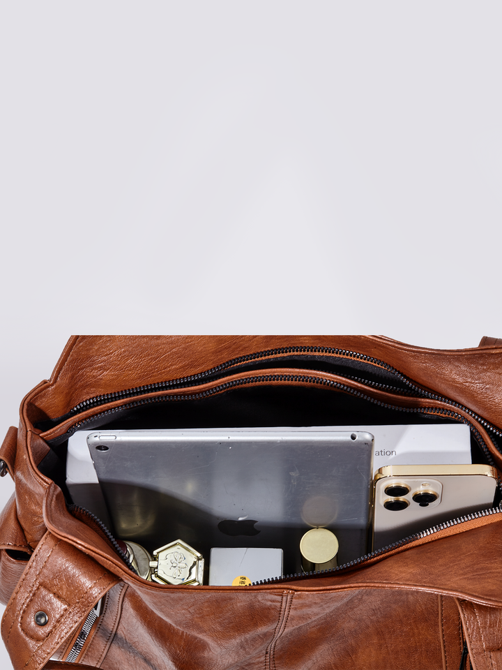 Damen Schultertasche | Große Umhängetasche aus veganem Kunstleder mit Reißverschluss und Laptopfach